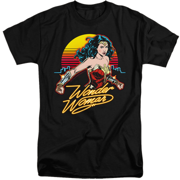 Black men's tall fit t-shirt with Wonder Woman 1984 Skyline graphic