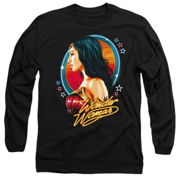 Black men's long sleeve t-shirt with Wonder Woman 1984 Warrior 84 graphic