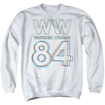 White men's crewneck sweatshirt with Wonder Woman 1984 3D Hype Logo graphic