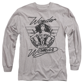 Athletic heather men's long sleeve t-shirt with Wonder Woman 1984 Determined Wonder graphic