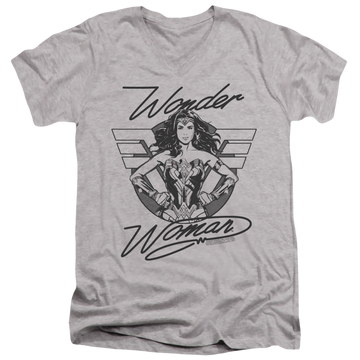 Athletic heather men's v-neck t-shirt with Wonder Woman 1984 Determined Wonder graphic