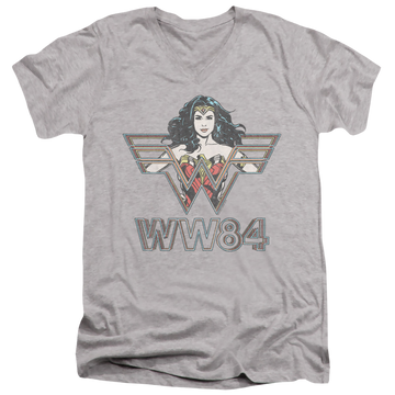 Athletic heather men's v-neck t-shirt with Wonder Woman 1984 In Symbol graphic