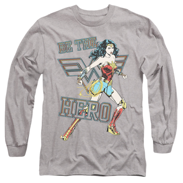 Athletic heather men's long sleeve t-shirt with Wonder Woman 1984 Be The Hero graphic