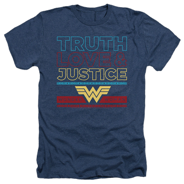 Navy men's heather t-shirt with Wonder Woman 1984 Truth Love Justice graphic