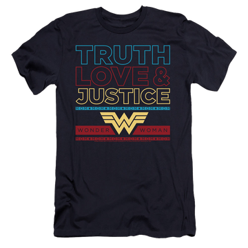 Navy men's premium slim fit t-shirt with Wonder Woman 1984 Truth Love Justice graphic