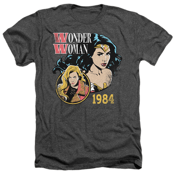 Charcoal men's heather t-shirt with Wonder Woman 1984 84 Retro graphic