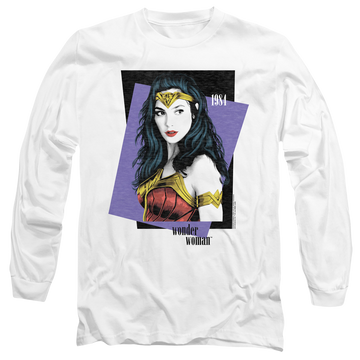 White men's long sleeve t-shirt with Wonder Woman 1984 Strike A Pose graphic