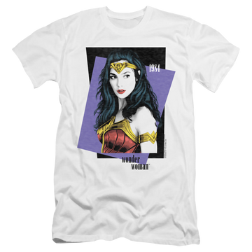 White men's premium slim fit t-shirt with Wonder Woman 1984 Strike A Pose graphic