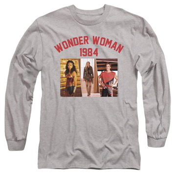 Athletic heather men's long sleeve t-shirt with Wonder Woman 1984 Collegiate Montage graphic