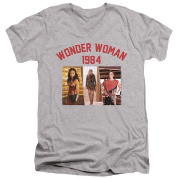 Athletic heather men's v-neck t-shirt with Wonder Woman 1984 Collegiate Montage graphic