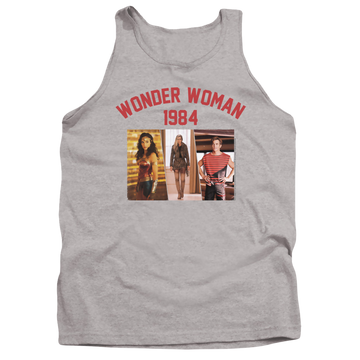 Athletic heather men's tank with Wonder Woman 1984 Collegiate Montage graphic