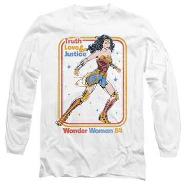 White men's long sleeve t-shirt with Wonder Woman 1984 Retro Justice 84 graphic
