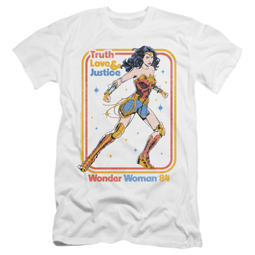 White men's premium slim fit t-shirt with Wonder Woman 1984 Retro Justice 84 graphic
