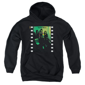 Black youth hoodie for ages 8 to 12 with Yes Album graphic