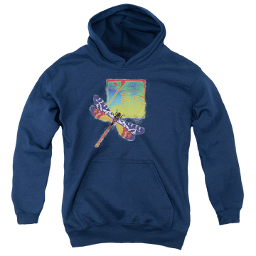 Navy youth hoodie for ages 8 to 12 with Yes Dragonfly graphic