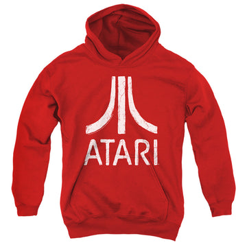 Red youth hoodie for ages 8 to 12 with Atari Rough Logo graphic