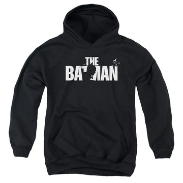 Black youth hoodie for ages 8 to 12 with The Batman (2022) Silhouette Title graphic