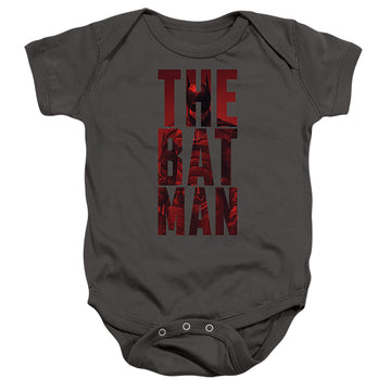 Charcoal baby bodysuit with The Batman (2022) Crimson Crusader graphic