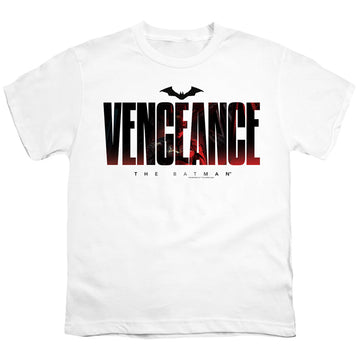 White youth t-shirt for ages 8 to 12 with The Batman (2022) Vengeance For The Bat graphic