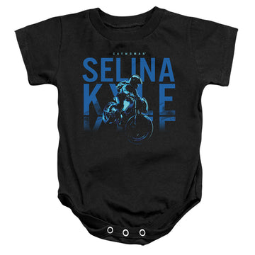 Black baby bodysuit with The Batman (2022) Selina Kyle Motorcycle graphic