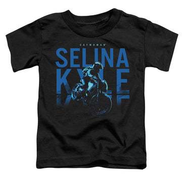Black toddler t-shirt with The Batman (2022) Selina Kyle Motorcycle graphic