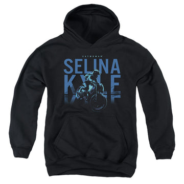 Black youth hoodie for ages 8 to 12 with The Batman (2022) Selina Kyle Motorcycle graphic