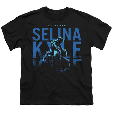 Black youth t-shirt for ages 8 to 12 with The Batman (2022) Selina Kyle Motorcycle graphic