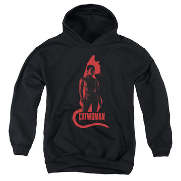 Black youth hoodie for ages 8 to 12 with The Batman (2022) Selina Kyle Cat Silhouette graphic