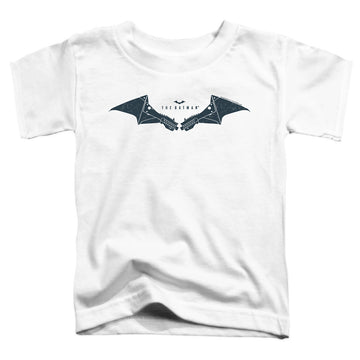 White toddler t-shirt with The Batman (2022) Mechanical Bat Logo graphic