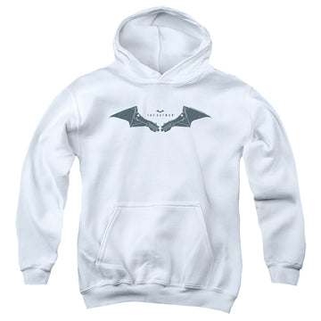 White youth hoodie for ages 8 to 12 with The Batman (2022) Mechanical Bat Logo graphic
