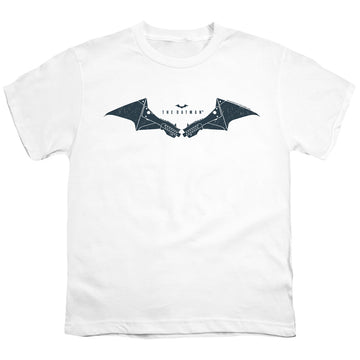 White youth t-shirt for ages 8 to 12 with The Batman (2022) Mechanical Bat Logo graphic