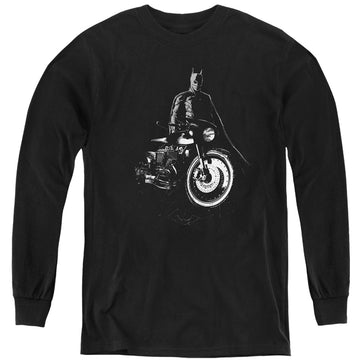 Black youth long sleeve t-shirt with The Batman (2022) And His Motorcycle graphic