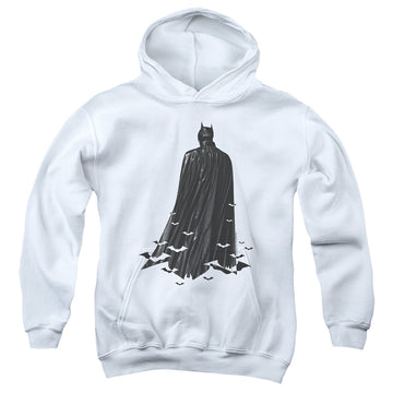 White youth hoodie for ages 8 to 12 with The Batman (2022) Bat Cape graphic