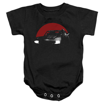 Black baby bodysuit with The Batman (2022) Red Moon And Batmobile graphic