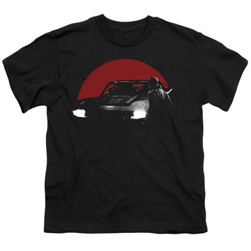 Black youth t-shirt for ages 8 to 12 with The Batman (2022) Red Moon And Batmobile graphic
