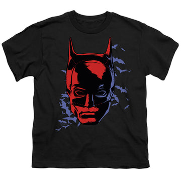 Black youth t-shirt for ages 8 to 12 with The Batman (2022) Shadowed Headshot graphic