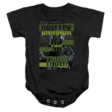 Black baby bodysuit with The Batman (2022) Unmask The Truth graphic