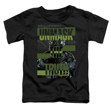 Black toddler t-shirt with The Batman (2022) Unmask The Truth graphic