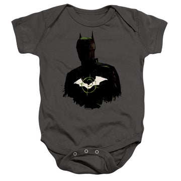 Charcoal baby bodysuit with The Batman (2022) Silhouette With Riddler Logo graphic