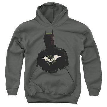 Charcoal youth hoodie for ages 8 to 12 with The Batman (2022) Silhouette With Riddler Logo graphic