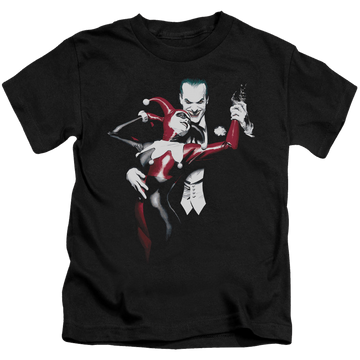 Black kid's t-shirt for ages 4 to 7 with Harley Quinn Harley And Joker graphic