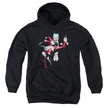 Black youth hoodie for ages 8 to 12 with Harley Quinn Harley And Joker graphic