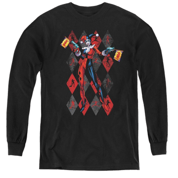 Black youth long sleeve t-shirt with Harley Quinn Pow graphic
