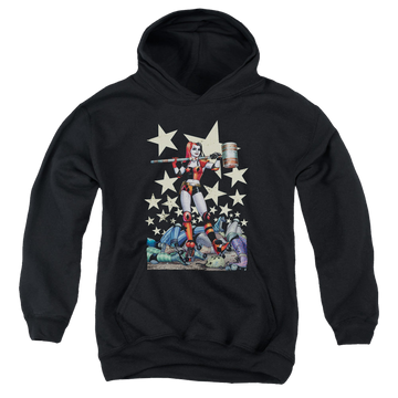 Black youth hoodie for ages 8 to 12 with Harley Quinn Hammer Time graphic