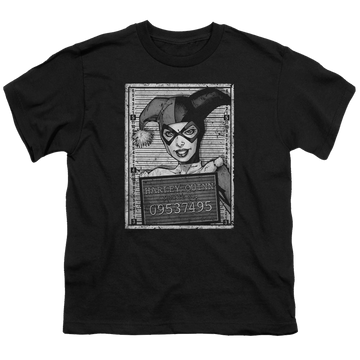 Black youth t-shirt for ages 8 to 12 with Harley Quinn Harley Inmate graphic