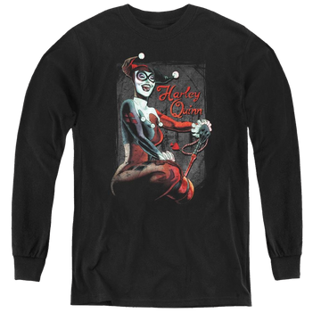 Black youth long sleeve t-shirt with Harley Quinn Laugh It Up graphic