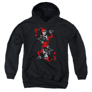 Black youth hoodie for ages 8 to 12 with Harley Quinn Quinn Of Diamonds graphic