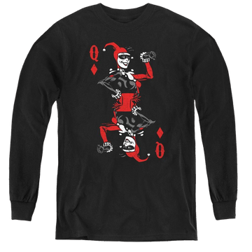 Black youth long sleeve t-shirt with Harley Quinn Quinn Of Diamonds graphic
