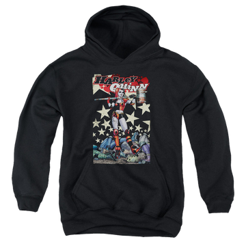 Black youth hoodie for ages 8 to 12 with Harley Quinn Quinn One graphic