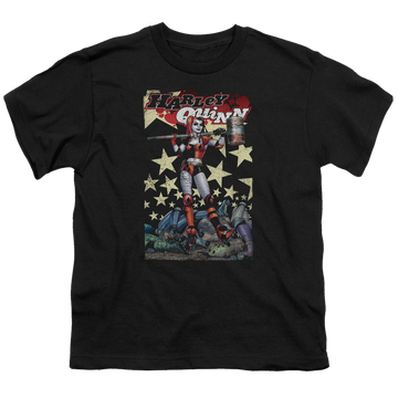 Black youth t-shirt for ages 8 to 12 with Harley Quinn Quinn One graphic